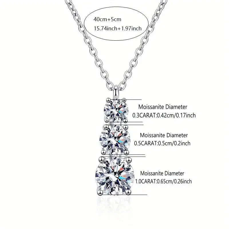 Sterling Silver 1.8 Carat Moissanite Triple-stone Pendant Necklace, Versatile High-End Fashion, Delicate Creative, Sweet Elegant, Classic Gift With Luxury Box For Her - Birthday LuxeStreet Boutique