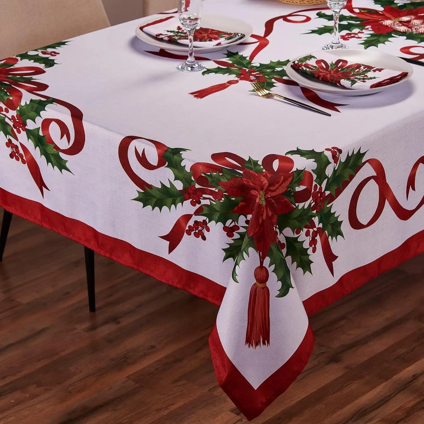 Christmas Poinsettia Printed Tablecloth Waterproof Rectangular Holiday Tablecloth Christmas Party Decor Kitchen Accessories