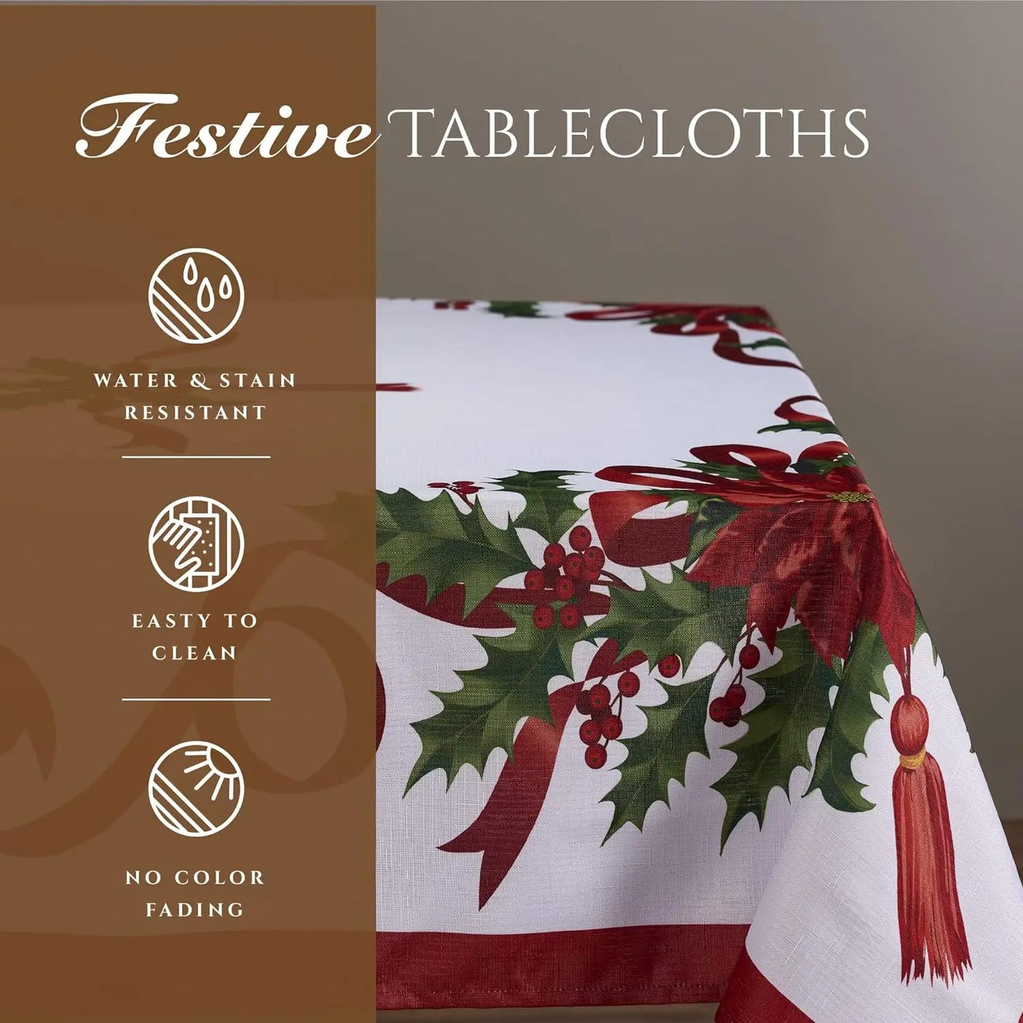 Christmas Poinsettia Printed Tablecloth Waterproof Rectangular Holiday Tablecloth Christmas Party Decor Kitchen Accessories