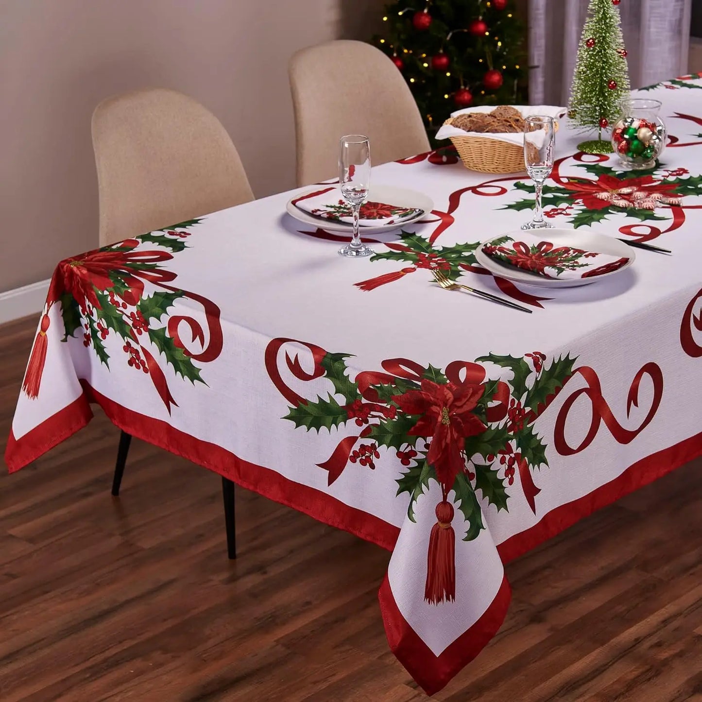 Christmas Poinsettia Printed Tablecloth Waterproof Rectangular Holiday Tablecloth Christmas Party Decor Kitchen Accessories